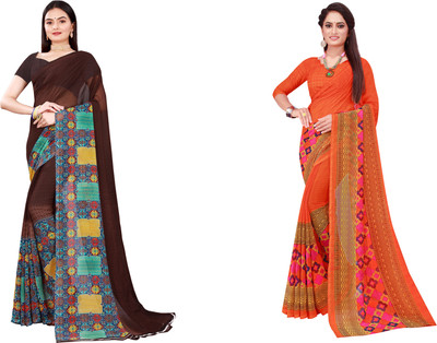 Saadhvi Printed Daily Wear Georgette Saree(Pack of 2, Dark Blue)
