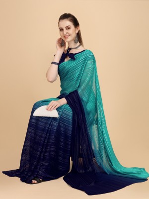 Ethnic Junction Striped Bollywood Georgette Saree(Dark Blue)