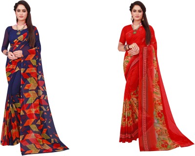 Suntex Printed Daily Wear Georgette Saree(Pack of 2, Dark Blue, Red)