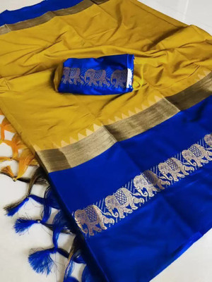creazy fashion Solid/Plain Banarasi Cotton Silk Saree(Multicolor)