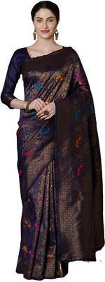 Anjaneya Sarees Self Design Banarasi Silk Blend Saree(Dark Blue, Gold)