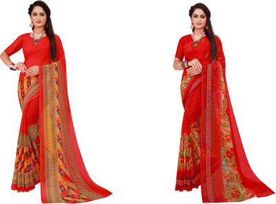 Saadhvi Printed Daily Wear Georgette Saree(Pack of 2, Green)