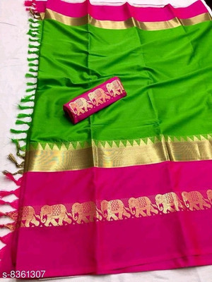 creazy fashion Solid/Plain Banarasi Cotton Silk Saree(Multicolor)