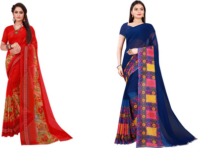 Divastri Solid/Plain Daily Wear Georgette Saree(Pack of 2, Red, Blue)