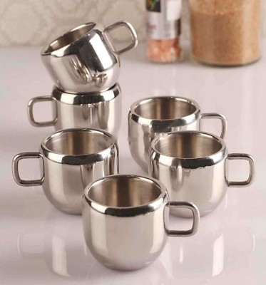 akashmetal Pack of 6 Stainless Steel double wall apple shape tea and coffee cup(Silver, Cup Set)