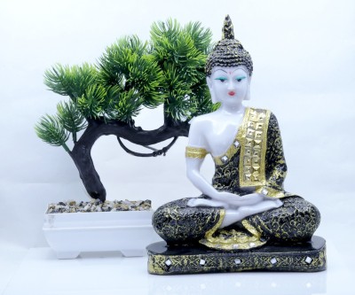 GW Creations Beautiful Meditating Lord Buddha With Bonsai Plant Decorative Showpiece  -  23 cm(Marble, Black)