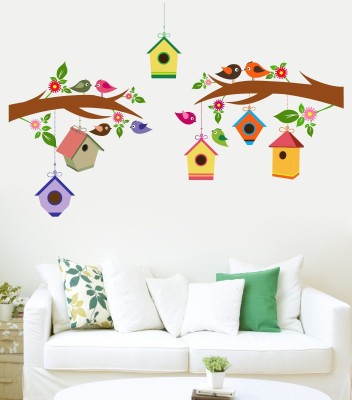 Decor Villa 58 cm Tree Bird House Wall Sticker Self Adhesive Sticker(Pack of 1)