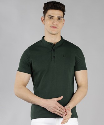 Urbano Fashion Solid Men Mandarin Collar Dark Green T-Shirt