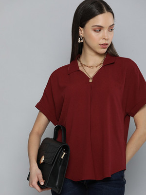 CHEMISTRY Casual Solid Women Maroon Top