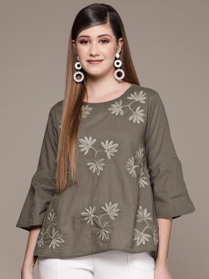 Ishin Casual Embroidered Women Green Top