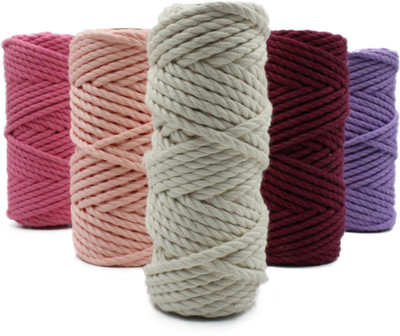 Bobbiny 3 ply Twisted Cotton Macrame Thread Each Color 10 Meter Combo Set 4mm Pack of 5.