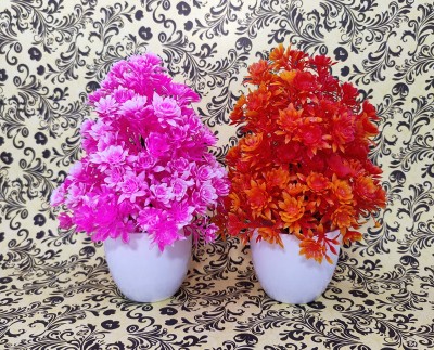 ds Artificial Orange & Pink Flower Pot (pack of 2) Orange, Pink Lavender Artificial Flower  with Pot(8 inch, Pack of 2, Flower Bunch)