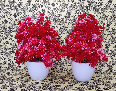 ds Artificial Red Flower Pots Bonsai Tableware (pack of 2) Red Ballmum Artificial Flower  with Pot(7 inch, Pack of 2, Flower with Basket)