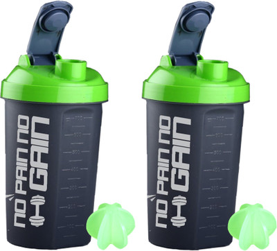 Smiling Cart Shaker Bottle With Blend Ball Print NO PAIN NO GAIN and Measurement Scale (2Pcs) 700 ml Shaker(Pack of 2, Green, Plastic)