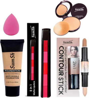 SumSh 5 in 1 Lipstick (Pink Edition), Foundation, Highlighter and Contour Stick, Compact Powder, Blender Spounge(5 Items in the set)