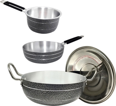 bartan hub Induction Cookware set of 3 ( Kadhai 4.5 Liters , Sauce Pan , frying Pan ) Induction Bottom Cookware Set(Aluminium, 3 - Piece)