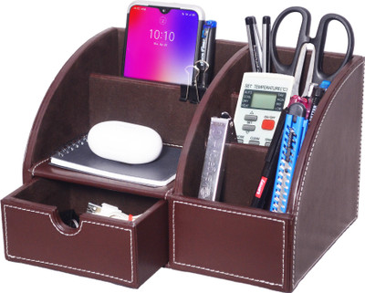 zeals 5 Compartments Wooden Desk Organizers with Drawer All in One Office Supplies Holder with 5 Compartment(Brown)