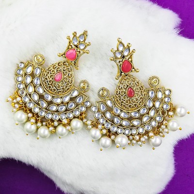 Saizen 18k Gold Polish Crystals Stone Work Polki Earrings for Women & Girls Jewellery Pearl Alloy Chandbali Earring