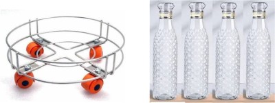 Somkala Presents Combo of Diamond Cut Water Bottle(pack of 4) & Stainless Steel Gas Cylinder Trolley(Clear, Silver)