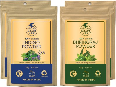 Khadi Ark Indigo & Bhringraj Powder for Natural Shiny Black Strong Healthy Hair, Pack of 4(400 g)