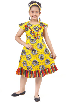 KAARIGARI Girls Midi/Knee Length Casual Dress(Yellow, Short Sleeve)