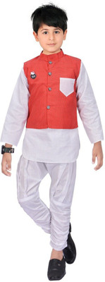 BITU FASHIONS Boys Festive & Party Kurta, Waistcoat and Pyjama Set(White Pack of 3)