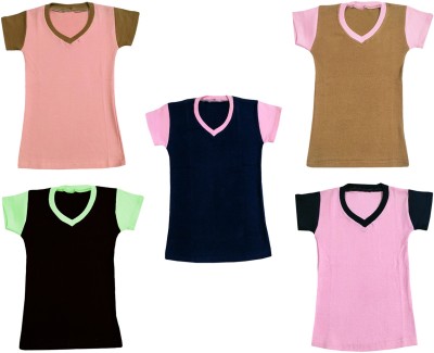IndiWeaves Girls Colorblock Cotton Blend T Shirt(Multicolor, Pack of 5)
