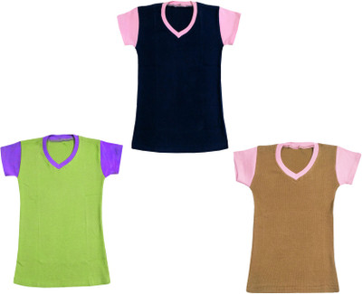 Indistar Girls Solid Cotton Blend Regular T Shirt(Multicolor, Pack of 3)