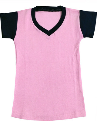 Indistar Girls Colorblock Cotton Blend Regular T Shirt(Pink, Pack of 1)