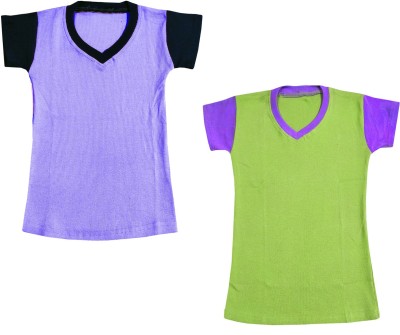 IndiWeaves Girls Colorblock Cotton Blend T Shirt(Multicolor, Pack of 2)