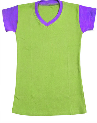 Indistar Girls Colorblock Cotton Blend Regular T Shirt(Green, Pack of 1)