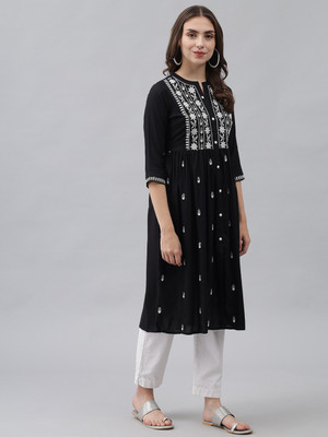 ANGITA Women Chikan Embroidery A-line Kurta(Black)