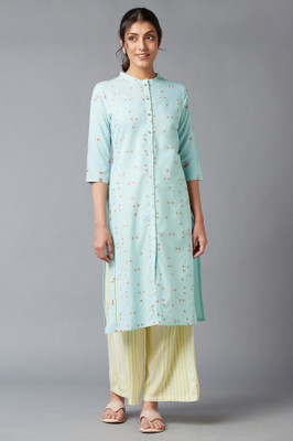 W Women Geometric Print Frontslit Kurta(Light Blue)