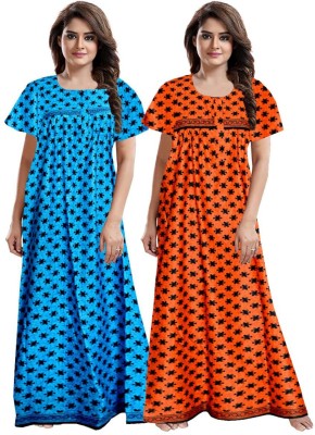 Trendy Fab Women Nighty Set(Orange, Blue)