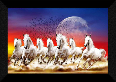 SNDArt Lucky Seven Running Horses Vastu UV Matt Textured Framed Digital Reprint 11 inch x 14 inch Painting(With Frame)