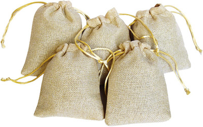 BERRYCRAVE Jute Shagun Potli Bags for Return Gifts for Ladies - 13 X 10 CM - Set of 5 Potli(Pack of 5)
