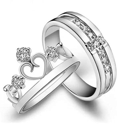 ATRAER CROWN SHAPPED COUPLES CUBIC ZIRCON PLATTED SILVER RINGS HEART DESIGNED Stainless Steel Cubic Zirconia Sterling Silver Plated Ring Set