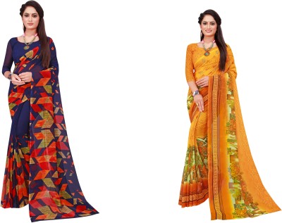 Saadhvi Printed Daily Wear Georgette Saree(Pack of 2, Gold)