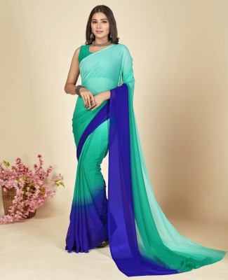 Anand Sarees Ombre, Striped, Dyed Bollywood Georgette Saree(Green, Blue)