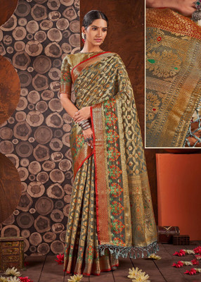 Dori Floral Print, Woven Bollywood Cotton Silk Saree(Grey)
