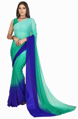 Anand Sarees Ombre, Striped, Dyed Bollywood Georgette Saree(Green, Blue)