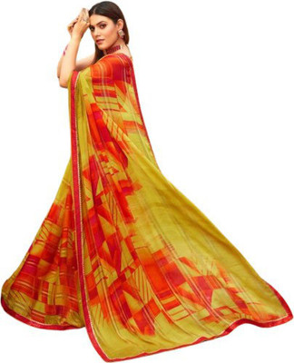 GAURIK FASHION Printed Assam Silk Georgette Saree(Yellow)