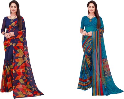 Suntex Printed Daily Wear Georgette Saree(Pack of 2, Dark Green)