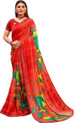 GAURIK FASHION Printed Assam Silk Georgette Saree(Red)