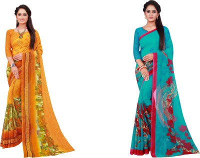 Saadhvi Printed Daily Wear Georgette Saree(Pack of 2, Green, Yellow)