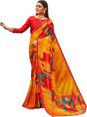 GAURIK FASHION Printed Assam Silk Georgette Saree(Orange)
