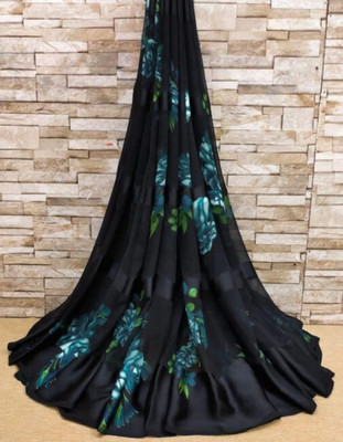 Bombey Velvat Fab Printed, Solid/Plain Bandhani Georgette, Chiffon Saree(Blue, Black)