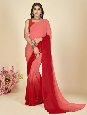 Anand Sarees Ombre, Striped, Dyed Bollywood Georgette Saree(Red, Pink)