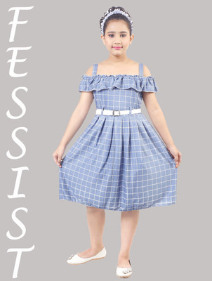 Fessist Indi Girls Midi/Knee Length Casual Dress(Grey, Short Sleeve)