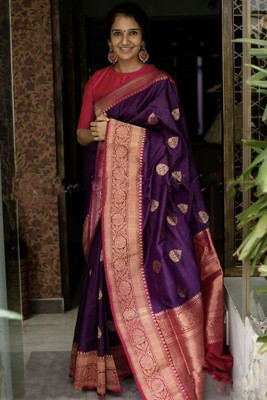 Amrut Collection Woven Banarasi Silk Blend Saree(Purple)